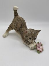 Vintage Resin Grey Tabby Cat Kitten In Garden Flower Pink Rhinestone Figuerine picture