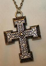Handsome Sculpted Squared Arms Half-Circle Silvertone Cross Pendant Necklace picture