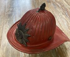 Antique Fireman’s Helmet Ribbed Metal Original Red Paint Brass Badges “J” picture