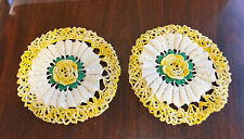 Set Of 2 Handmade Crocheted Trivet Cover Doilies Set Green White Yellow Homemade picture