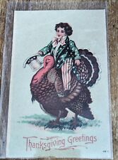 Vintage Patriotic Thanksgiving Greetings Postcard #4611 USA Boy On Turkey picture