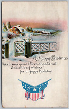 Patriotic Christmas Xmas 1918 WWI Postcard Happy Christmas Shield Flags picture