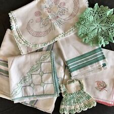 Antq Vtg Lot 7 50s Green EMBROIDERED CROCHET Doilies TABLE CLOTH ART DECO Linens picture
