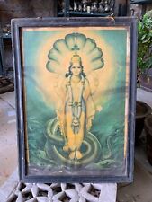 1940's Vintage Old Hindu Religious Lord Vishnu Lithograph Print Wooden Framed picture
