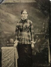 C.1880/90s Tintype. Beautiful Woman In Plaid Dress. Corset. Studio Props. PT25 picture
