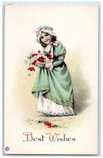 c1910s Best Wishes Pretty Girl Daisy Flowers Embossed Unposted Antique Postcard picture