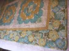 VTG.OHIO QUILT FLORAL BLUES YELLOW PATCHWORK PIECED HANDMADE COVERLET 45”X44”VGC picture