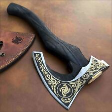 Handmade Forged Viking Axe Etched on the Carbon Steel Head Forged wood handle. picture