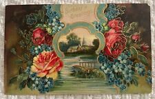 Vintage Birthday Greetings postcard Church by River Scene flowers gold gilt picture