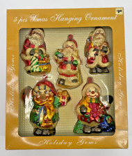Holiday Gems 5 Piece Christmas Hanging Glass Santa Snowman Ornaments In Box picture