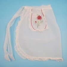 Vtg White Sheer Christmas Embroidered Poinsettia Lace Hostess Half Apron Pocket picture