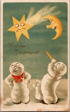 1909 GERMAN New Year Postcard Snowman Couple Stargaze Telescope Crescent Moon picture