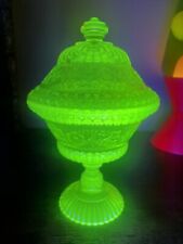 EAPG Vaseline Uranium Glass Wildflower Lidded Compote 9.5” Candy Dish picture