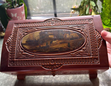 Vintage Hand Carved  Red Wood Trinket Box with Farm Decal picture