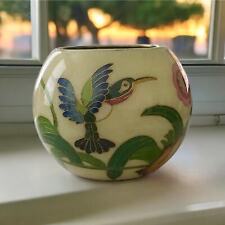 Vintage Cloisonne On Brass Bowl / Vase Yellow Enamel w/ Colorful Florals & Birds picture