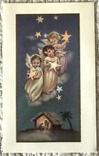 Vintage Christmas Three Angels Sky Hold Star Manger Greeting Card 1950s 1960s picture