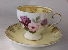 Vintage Royal Grafton Fine Bone China Pale Yellow & Roses Gilded TeaCup & Saucer picture