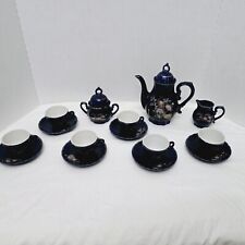 Vintage Musical Cobalt Blue Peacock and Floral Tea Set - 17 Piece - Japan picture