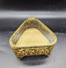 Vintage Matson Stylebuilt Filigree Ormolu Gold Tone Jewelry Trinket Box Glass picture