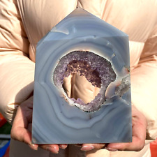 650g Natural Blue Agate With Amethyst Geode Banding Tower Crystal Healing Reiki picture