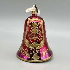 NWT NEIMAN MARCUS Xmas Ornament OMBRE BELL Red Pink GOLD BROCADE Poland GLASS picture