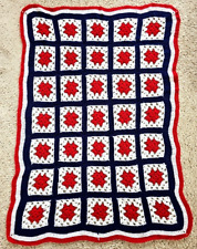Patriotic Granny Square Afghan Crochet Blanket Red White Blue USA America picture