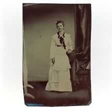 White Dress Young Woman Tintype c1870 Antique 1/6 Plate Lady Girl Photo C2669 picture