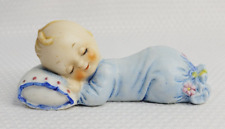 Vintage Sleeping Rosy Cheeks Baby Boy in Blue with Pillow Flowers Taiwan Vtg picture