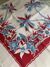 Vibrant Vintage Cotton Print Tablecloth ~ Red & Blue ~Palm Trees 46x50 Very NICE picture