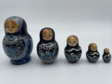 Russian Matryoshka Nesting Dolls Set 5 Wooden Hand Painted Vintage Blue Silver picture
