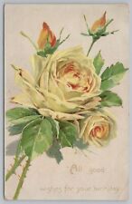 TUCK~Birthday~Lg & Small Yellow Roses~2 Buds~Thorns~Gold~Emboss~#125~Vintage PC picture