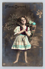 RPPC Hand Tinted German EAS Portrait Young Girl Easter Egg Basket Postcard picture