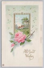 Pink Rose Under Pastoral Home Scene~Buds~Gold~Emboss~Stecher 627B~1929 Postcard picture