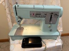 Vintage Singer Sewing Machine Model 348 Robin Egg Blue With Pedal And Case picture