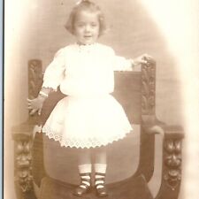 c1910s Cute Little Girl RPPC Stand Fancy Wood Carved Chair Real Photo Child A185 picture