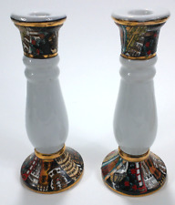 Chinoiserie Multicolor Chinese Taper Candle Holder Candlesticks Buildings Pair picture