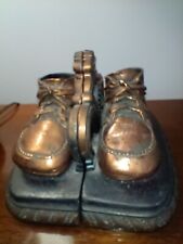 Pair Antique Bronzed Baby Shoe Bookends w Ornate Matching Bases picture