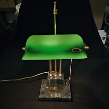 Vtg 19” Bankers Lamp Hand Blown Green Glass Black Marble Brass Underwriters Labs picture