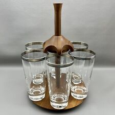 Vintage MCM 6 Glass Barware Silver Rim With Solid Walnut Lazy Susan Display picture