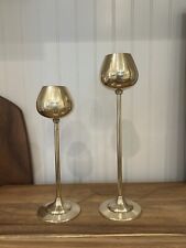 2 Vintage Solid Brass Tulip Graduated Candlesticks Mid Century picture