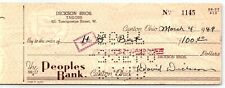 1949 CANTON OHIO DICKSON BROS. TAILORS THE PEOPLES BANK CHECK Z1618 picture