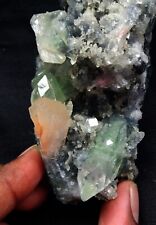 STUNNING GREEN APOPHYLLITE CRYSTALS W/ STILBITE ON CORAL CHALCEDONY FORMAT BASE- picture