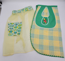 Lot of 2 Vintage Tie Waist Aprons Yellow Green Plaid & Yellow Sheer w/Pockets picture