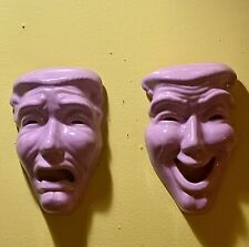 Vintage Rare  Greek Theater Comedy & Tragedy Pink Ceramic Wall Masks Italy 8x5 picture