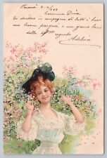 Pretty Lady Big Green Hat Flowers Ruffled Blouse c1903 UDB Serie 2366 picture