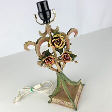 Vintage Tole Metal Flower Floral Rose Table Lamp Light Shabby Chic Cottage Core picture