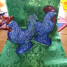Vintage 1960s-70s Japan Large Blue Rooster Hen Figurine Pair Groovy MCM picture