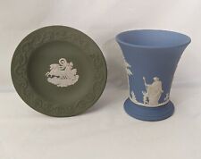 Lot of 2 Wedgwood Jasperware Sage Green Saucer Plate, Light Blue Vase picture