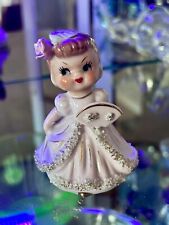 VTG JAPAN UCAGCO 1959 Kitchy Ceramic Figurine Girl In Pink Dress & Fan / Bell picture