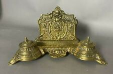 ORNATE ANTIQUE VICTORIAN EMBOSSED GILT METAL DOUBLE DEPOSE INKWELL DESK CADDY picture